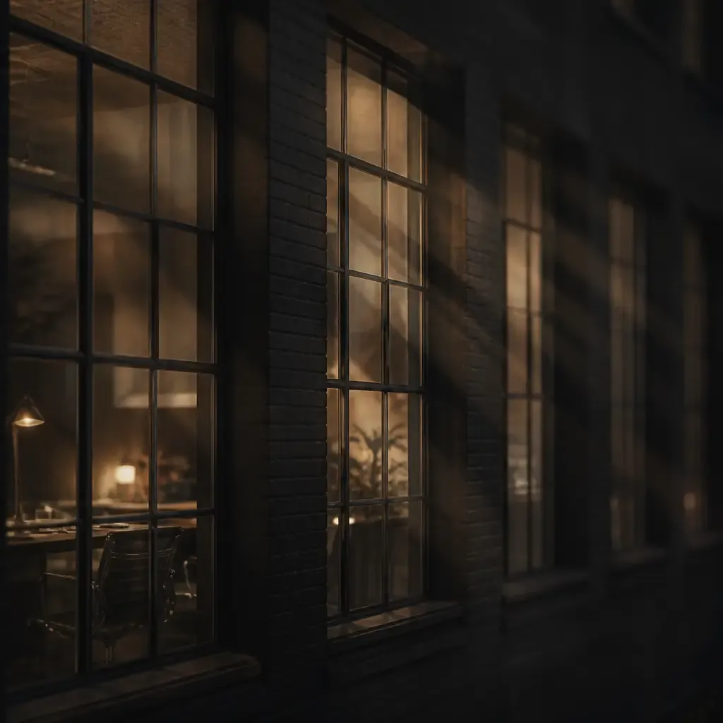 The lit windows of the offices at dusk